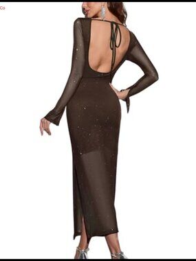 Sequin Sparkly Maxi Dress Long Sleeve Tie Backless A-Line Formal Cocktail